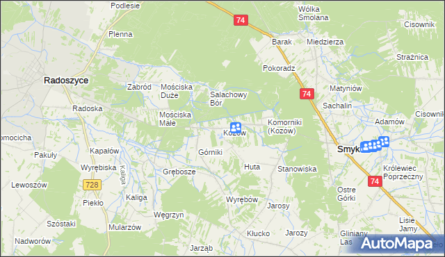 mapa Kozów gmina Smyków, Kozów gmina Smyków na mapie Targeo