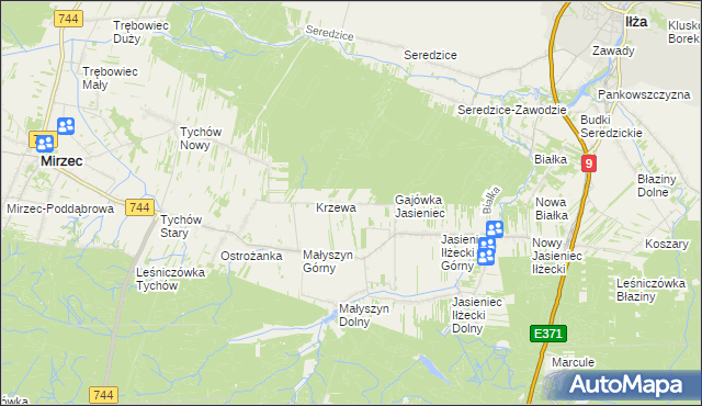 mapa Krzewa gmina Mirzec, Krzewa gmina Mirzec na mapie Targeo