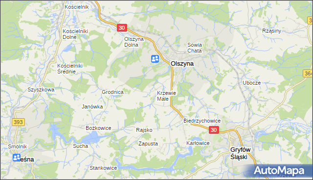 mapa Krzewie Małe, Krzewie Małe na mapie Targeo