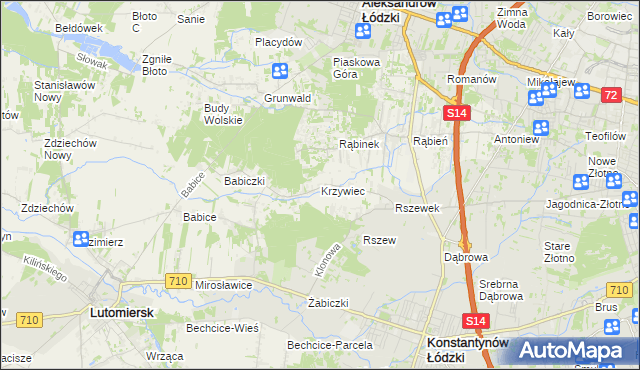 mapa Krzywiec gmina Aleksandrów Łódzki, Krzywiec gmina Aleksandrów Łódzki na mapie Targeo