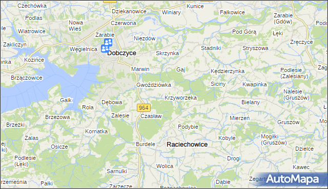 mapa Krzyworzeka gmina Raciechowice, Krzyworzeka gmina Raciechowice na mapie Targeo