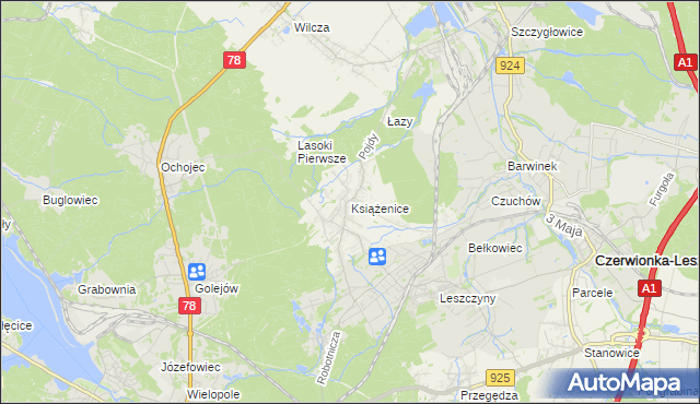 mapa Książenice gmina Czerwionka-Leszczyny, Książenice gmina Czerwionka-Leszczyny na mapie Targeo