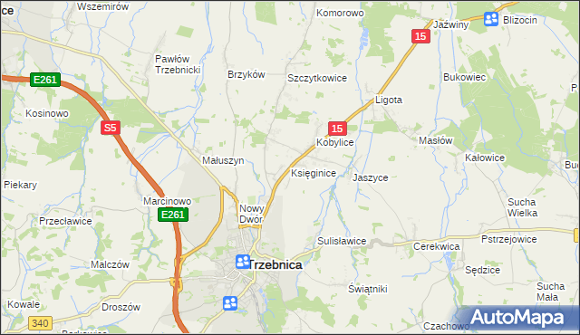mapa Księginice gmina Trzebnica, Księginice gmina Trzebnica na mapie Targeo
