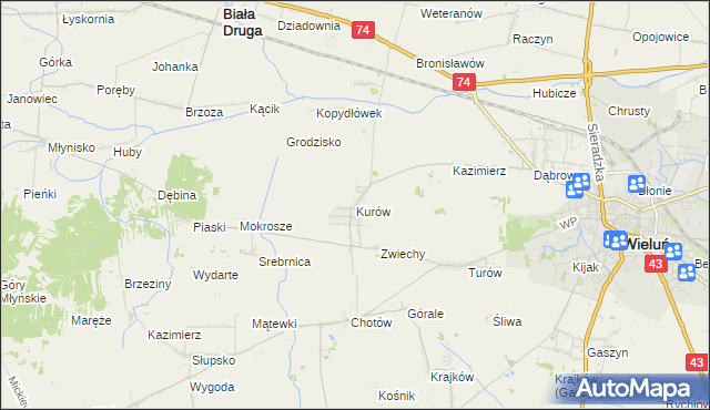 mapa Kurów gmina Wieluń, Kurów gmina Wieluń na mapie Targeo