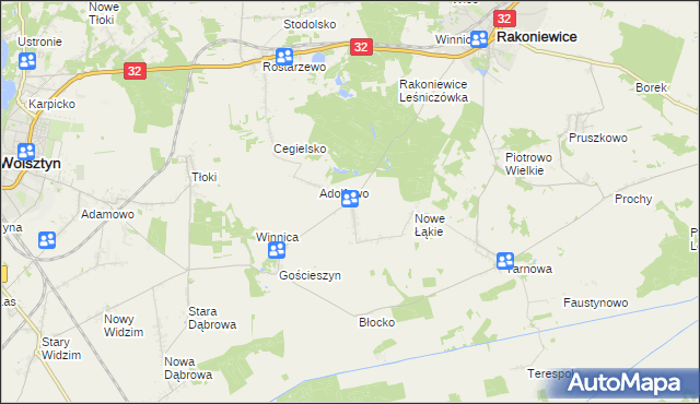 mapa Łąkie gmina Rakoniewice, Łąkie gmina Rakoniewice na mapie Targeo