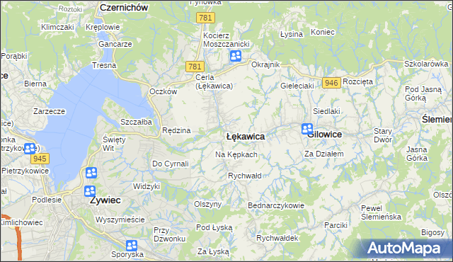 mapa Łękawica powiat żywiecki, Łękawica powiat żywiecki na mapie Targeo