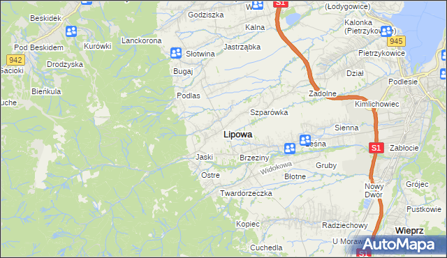 mapa Lipowa powiat żywiecki, Lipowa powiat żywiecki na mapie Targeo