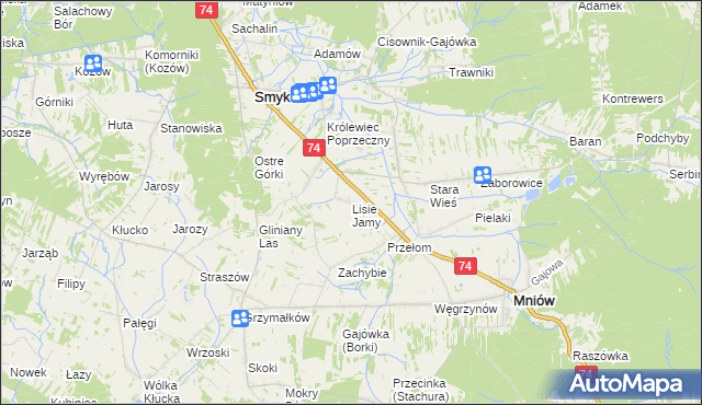 mapa Lisie Jamy gmina Mniów, Lisie Jamy gmina Mniów na mapie Targeo