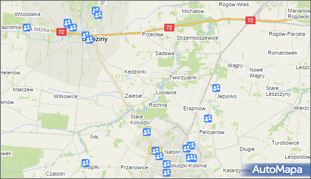 mapa Lisowice gmina Koluszki, Lisowice gmina Koluszki na mapie Targeo