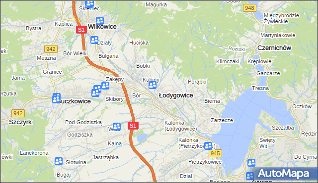 mapa Łodygowice powiat żywiecki, Łodygowice powiat żywiecki na mapie Targeo