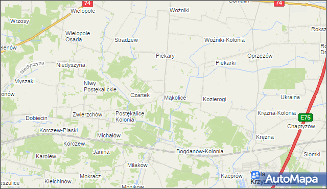 mapa Mąkolice gmina Wola Krzysztoporska, Mąkolice gmina Wola Krzysztoporska na mapie Targeo