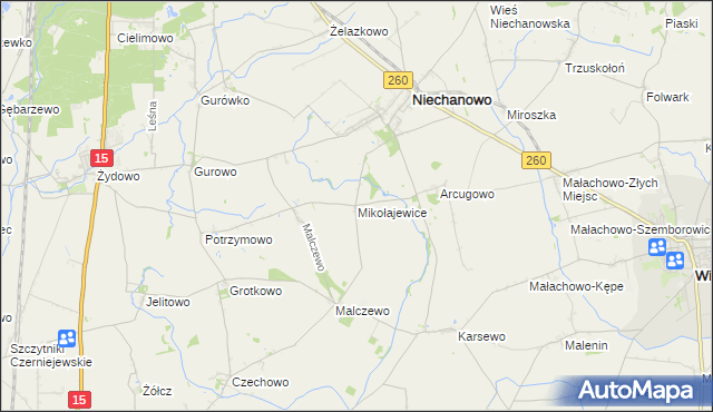 mapa Mikołajewice gmina Niechanowo, Mikołajewice gmina Niechanowo na mapie Targeo