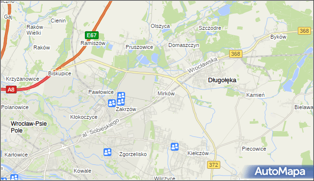 mapa Mirków gmina Długołęka, Mirków gmina Długołęka na mapie Targeo