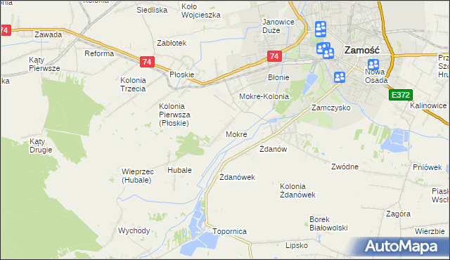 mapa Mokre gmina Zamość, Mokre gmina Zamość na mapie Targeo