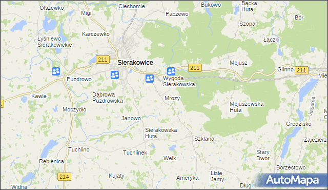 mapa Mrozy gmina Sierakowice, Mrozy gmina Sierakowice na mapie Targeo