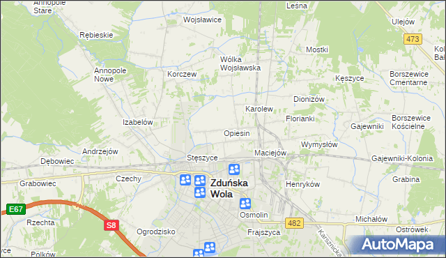 mapa Opiesin gmina Zduńska Wola, Opiesin gmina Zduńska Wola na mapie Targeo