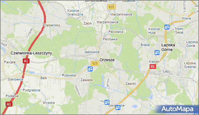 mapa Orzesze powiat mikołowski, Orzesze powiat mikołowski na mapie Targeo