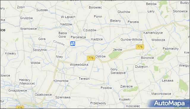 mapa Ostrów gmina Proszowice, Ostrów gmina Proszowice na mapie Targeo