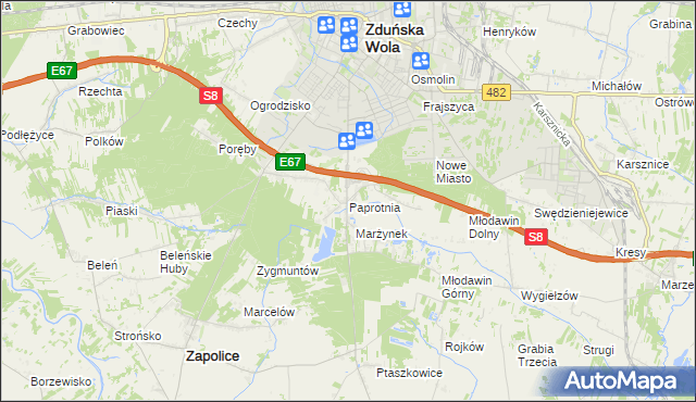 mapa Paprotnia gmina Zapolice, Paprotnia gmina Zapolice na mapie Targeo