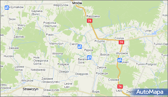 mapa Pępice gmina Mniów, Pępice gmina Mniów na mapie Targeo