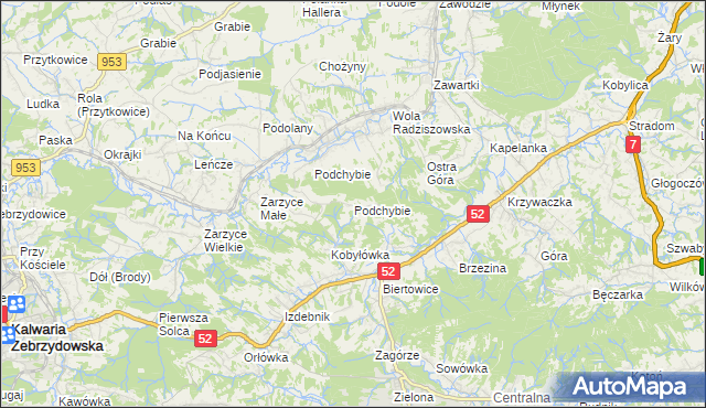 mapa Podchybie gmina Lanckorona, Podchybie gmina Lanckorona na mapie Targeo