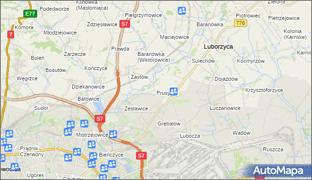 mapa Prusy gmina Kocmyrzów-Luborzyca, Prusy gmina Kocmyrzów-Luborzyca na mapie Targeo