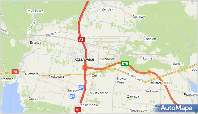 mapa Pyrzowice, Pyrzowice na mapie Targeo