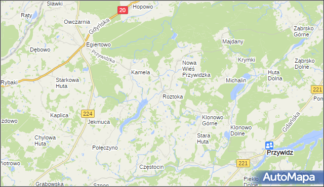 mapa Roztoka gmina Przywidz, Roztoka gmina Przywidz na mapie Targeo