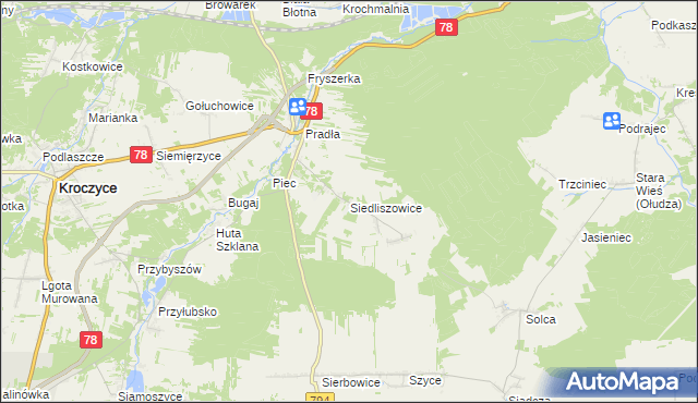 mapa Siedliszowice gmina Kroczyce, Siedliszowice gmina Kroczyce na mapie Targeo