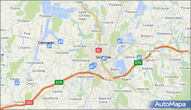 mapa Skoczów powiat cieszyński, Skoczów powiat cieszyński na mapie Targeo