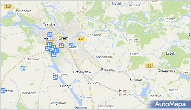 mapa Sosnowiec gmina Śrem, Sosnowiec gmina Śrem na mapie Targeo
