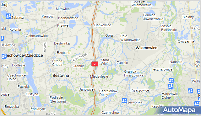 mapa Stara Wieś gmina Wilamowice, Stara Wieś gmina Wilamowice na mapie Targeo