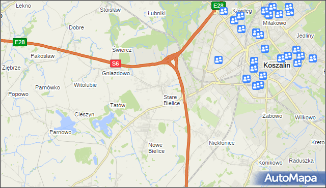 mapa Stare Bielice gmina Biesiekierz, Stare Bielice gmina Biesiekierz na mapie Targeo