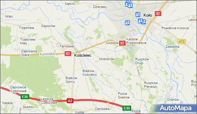 mapa Straszków gmina Kościelec, Straszków gmina Kościelec na mapie Targeo