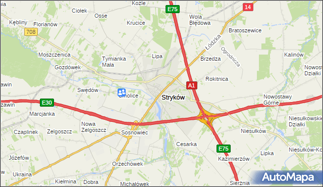 mapa Stryków powiat zgierski, Stryków powiat zgierski na mapie Targeo
