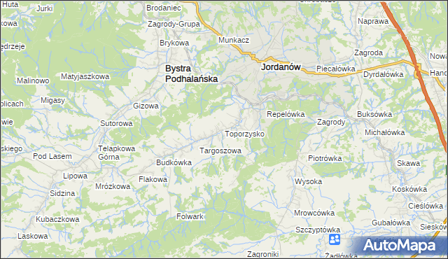 mapa Toporzysko gmina Jordanów, Toporzysko gmina Jordanów na mapie Targeo