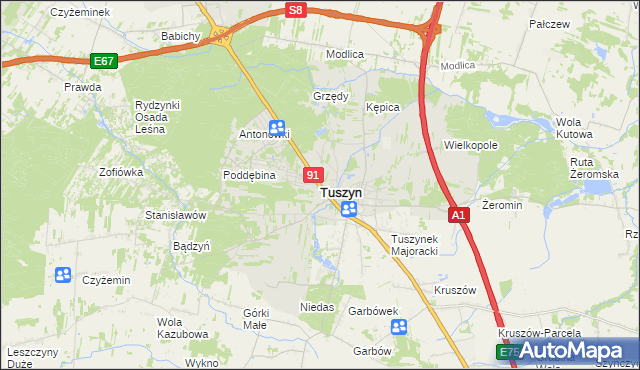 mapa Tuszyn powiat łódzki wschodni, Tuszyn powiat łódzki wschodni na mapie Targeo