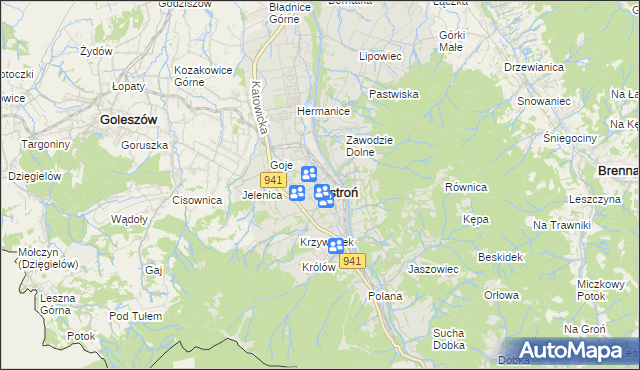 mapa Ustroń powiat cieszyński, Ustroń powiat cieszyński na mapie Targeo