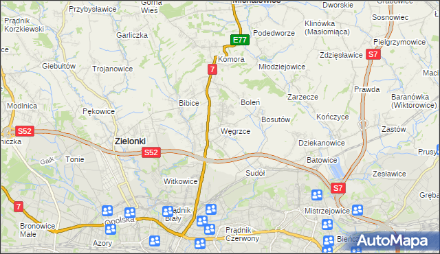 mapa Węgrzce gmina Zielonki, Węgrzce gmina Zielonki na mapie Targeo