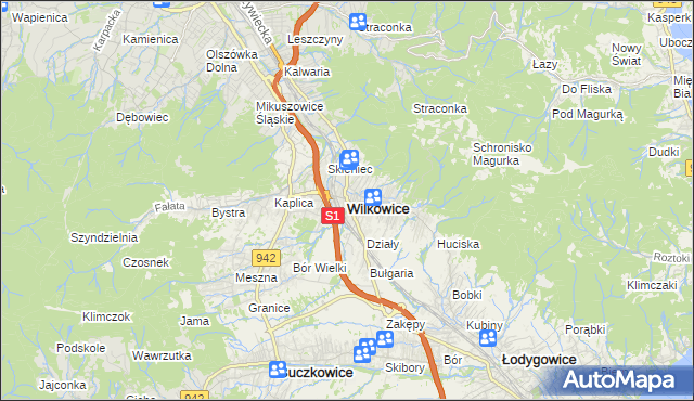 mapa Wilkowice powiat bielski, Wilkowice powiat bielski na mapie Targeo