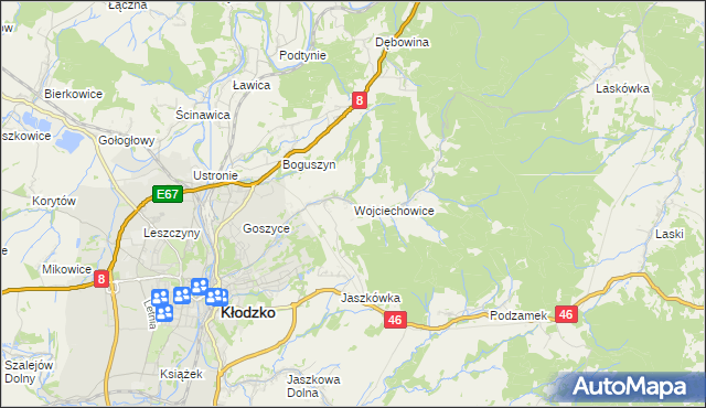 mapa Wojciechowice gmina Kłodzko, Wojciechowice gmina Kłodzko na mapie Targeo