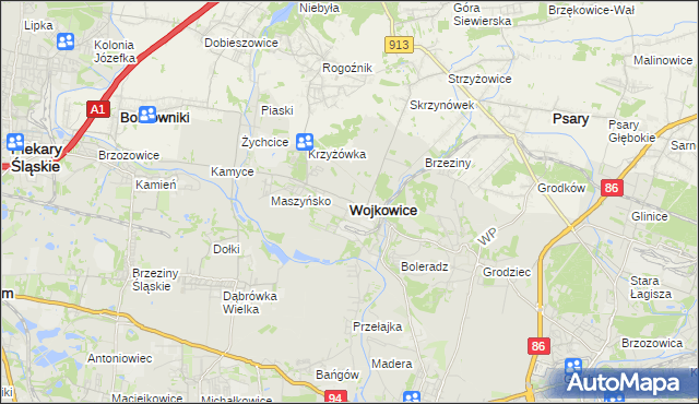 mapa Wojkowice powiat będziński, Wojkowice powiat będziński na mapie Targeo