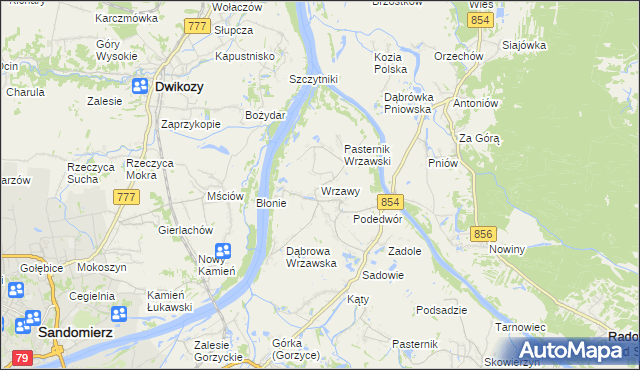 mapa Wrzawy gmina Gorzyce, Wrzawy gmina Gorzyce na mapie Targeo