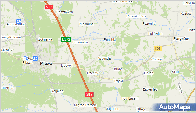 mapa Wygoda gmina Pilawa, Wygoda gmina Pilawa na mapie Targeo