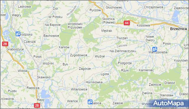 mapa Wyźrał gmina Brzeźnica, Wyźrał gmina Brzeźnica na mapie Targeo