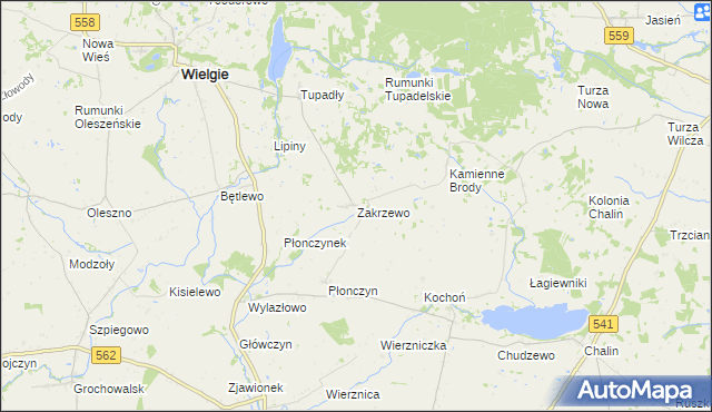 mapa Zakrzewo gmina Wielgie, Zakrzewo gmina Wielgie na mapie Targeo