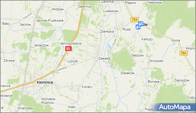 mapa Zawada gmina Kłomnice, Zawada gmina Kłomnice na mapie Targeo