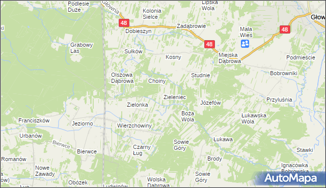 mapa Zieleniec gmina Głowaczów, Zieleniec gmina Głowaczów na mapie Targeo