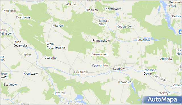 mapa Żurawieniec gmina Lutomiersk, Żurawieniec gmina Lutomiersk na mapie Targeo