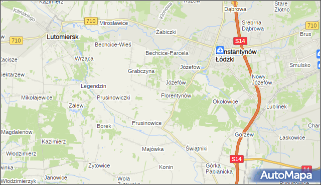 mapa Florentynów gmina Lutomiersk, Florentynów gmina Lutomiersk na mapie Targeo